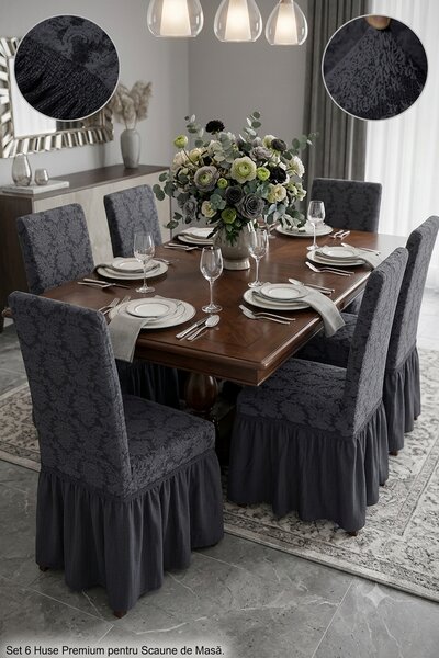 Set 6 Huse Elastice pentru Scaune cu volanas Jacquard, Gri inchis
