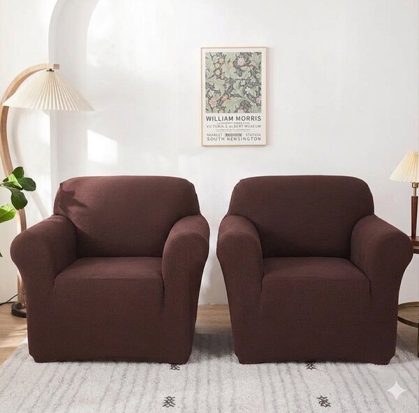 Set 2 Huse Elastice pentru Fotolii, Material Lycra Texturat, Culoare Maro