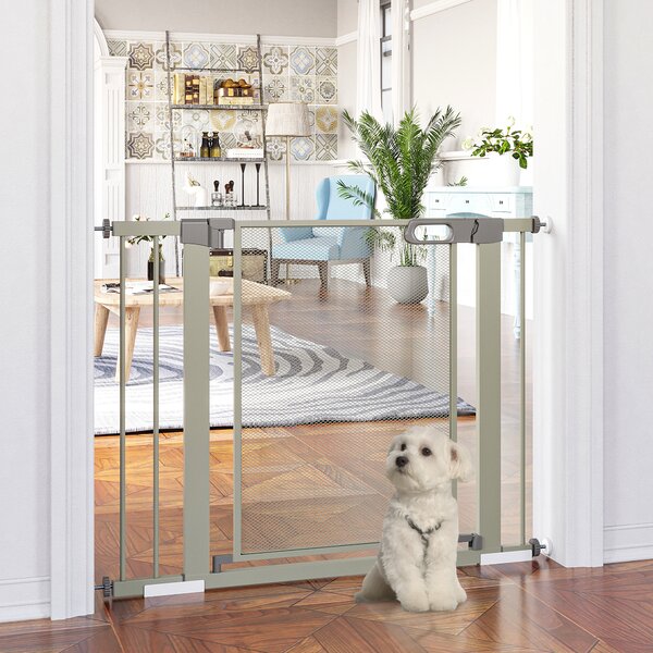 PawHut Barieră Extensibilă pentru Câini cu Închidere Automată din Oțel și ABS, 75-103x76 cm, Gri | Aosom Romania