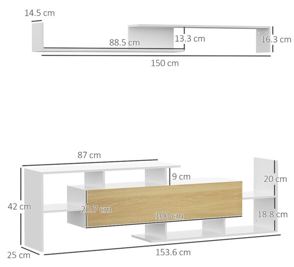 HOMCOM Dulap TV cu Raft de Perete, Rafturi Deschise și Dulăpior din Lemn, Mobilier TV Modern, 153,6x25x42 cm, Alb | Aosom Romania