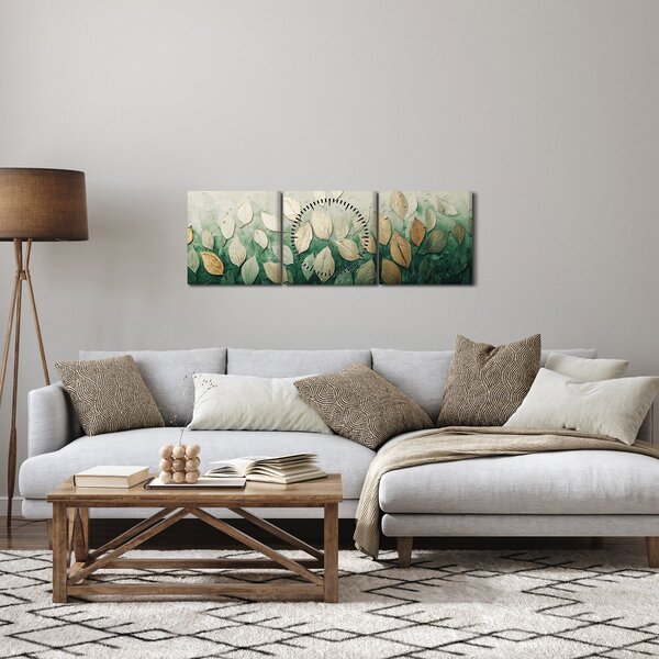 Tablou - Frunze verzi-aurii (cu ceas) (90x30 cm)