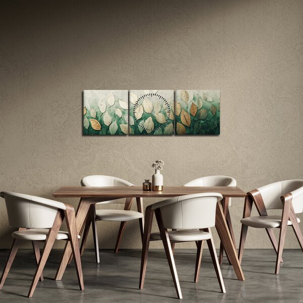 Tablou - Frunze verzi-aurii (cu ceas) (90x30 cm)