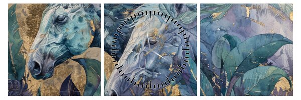 Tablou - Cai cu fundal auriu (cu ceas) (90x30 cm)