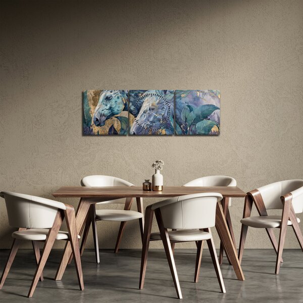 Tablou - Cai cu fundal auriu (cu ceas) (90x30 cm)