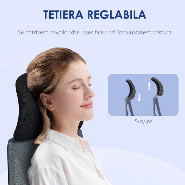 HOMCOM Scaun Ergonomic de Birou cu Suport Lombar, Tetieră și Înălțime Reglabilă, 66x58x115-123 cm, Negru | Aosom Romania