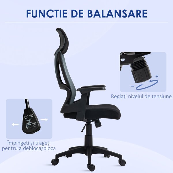 HOMCOM Scaun Ergonomic de Birou cu Suport Lombar, Tetieră și Înălțime Reglabilă, 66x58x115-123 cm, Negru | Aosom Romania