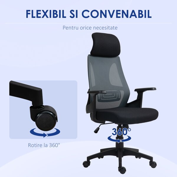 HOMCOM Scaun Ergonomic de Birou cu Suport Lombar, Tetieră și Înălțime Reglabilă, 66x58x115-123 cm, Negru | Aosom Romania