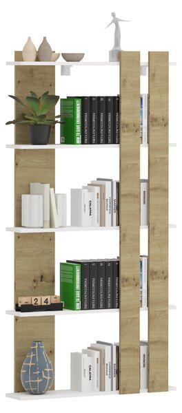 Biblioteca haaus Elmo, 5 Polite, Alb/Stejar Artisan, 80 x 20 x 160 cm