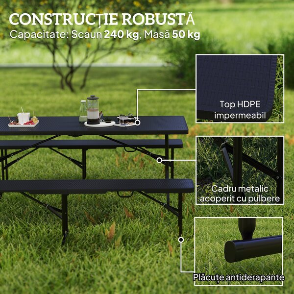 Outsunny Set Masă de Camping Pliabilă cu 2 Scaune și Mânere din HDPE și Metal, 180x74x74 cm, Negru | Aosom Romania