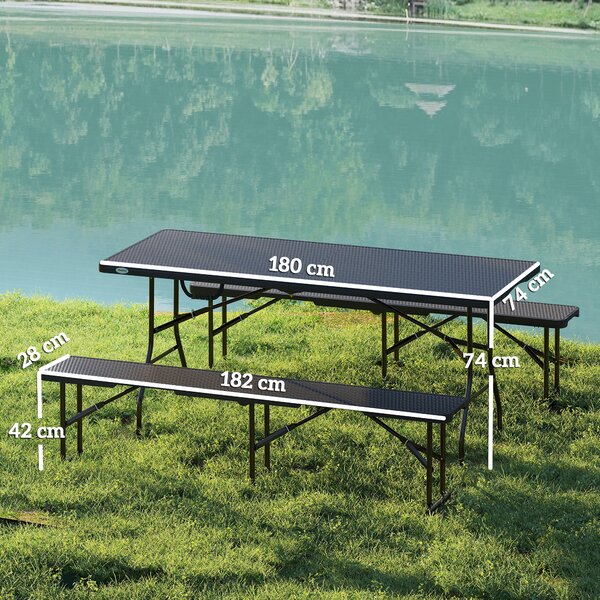 Outsunny Set Masă de Camping Pliabilă cu 2 Scaune și Mânere din HDPE și Metal, 180x74x74 cm, Negru | Aosom Romania