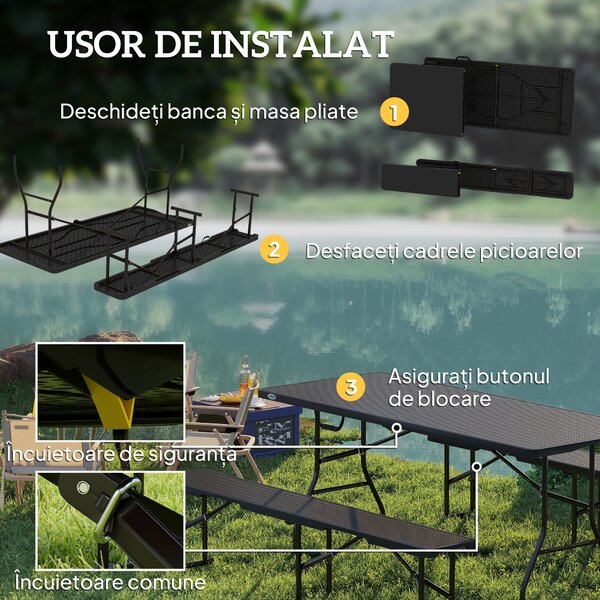 Outsunny Set Masă de Camping Pliabilă cu 2 Scaune și Mânere din HDPE și Metal, 180x74x74 cm, Negru | Aosom Romania