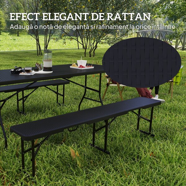 Outsunny Set Masă de Camping Pliabilă cu 2 Scaune și Mânere din HDPE și Metal, 180x74x74 cm, Negru | Aosom Romania
