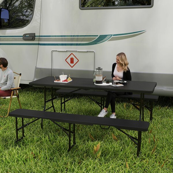 Outsunny Set Masă de Camping Pliabilă cu 2 Scaune și Mânere din HDPE și Metal, 180x74x74 cm, Negru | Aosom Romania
