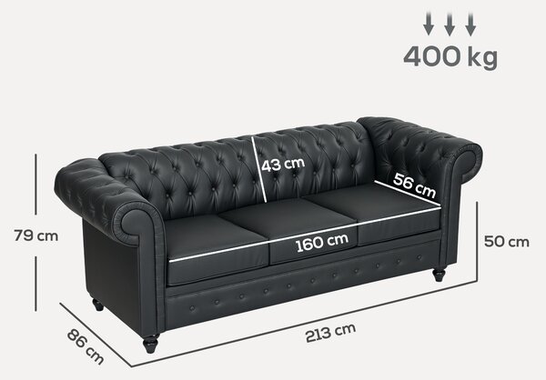 HOMCOM Canapea cu 3 Locuri, Brațe și Tapițerie Groasă, 213x86x79 cm, Negru | Aosom Romania