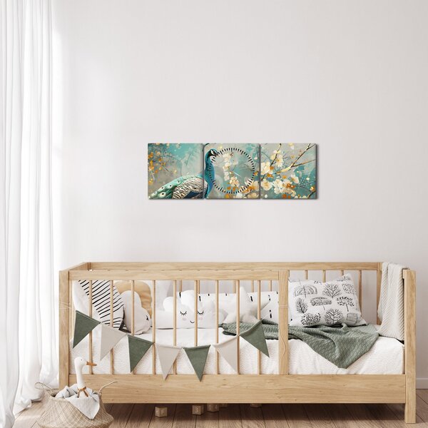 Tablou - Păun cu decor de aur (cu ceas) (90x30 cm)