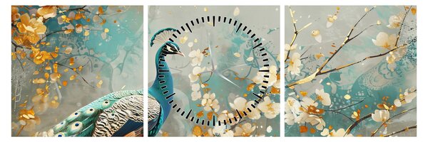 Tablou - Păun cu decor de aur (cu ceas) (90x30 cm)
