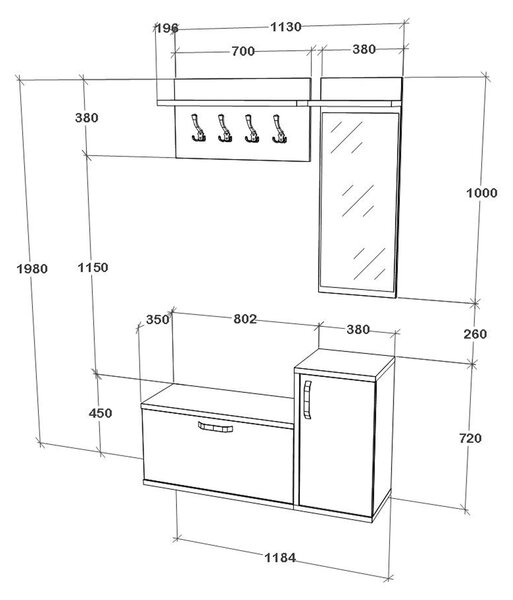 Cuier haaus Cairo, Stejar Alb/Antracit, 113 x 35 x 198 cm