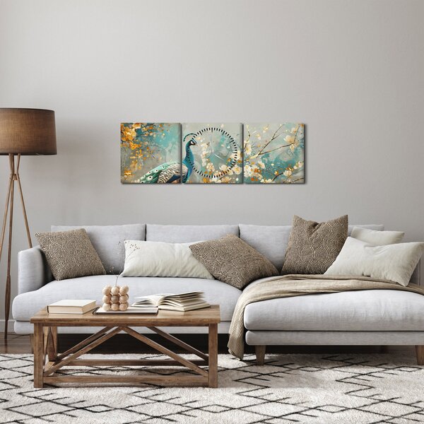 Tablou - Păun cu decor de aur (cu ceas) (90x30 cm)