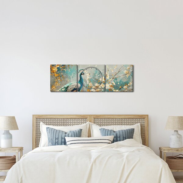 Tablou - Păun cu decor de aur (cu ceas) (90x30 cm)