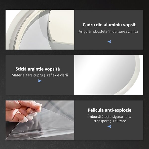 Kleankin Oglindă de Baie cu Lumină LED Reglabilă, Întrerupător Tactil, și Funcție de Memorie, Ø60x3 cm, Transparent | Aosom Romania