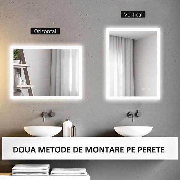 Kleankin Oglindă de Baie cu Lumină LED, Luminozitate Reglabilă și Funcție de Memorie, 70x50x3 cm, Transparent | Aosom Romania