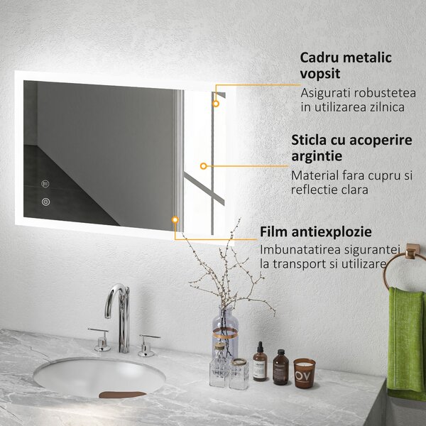 Kleankin Oglindă de Baie cu Lumină LED, Luminozitate Reglabilă și Funcție de Memorie, 70x50x3 cm, Transparent | Aosom Romania