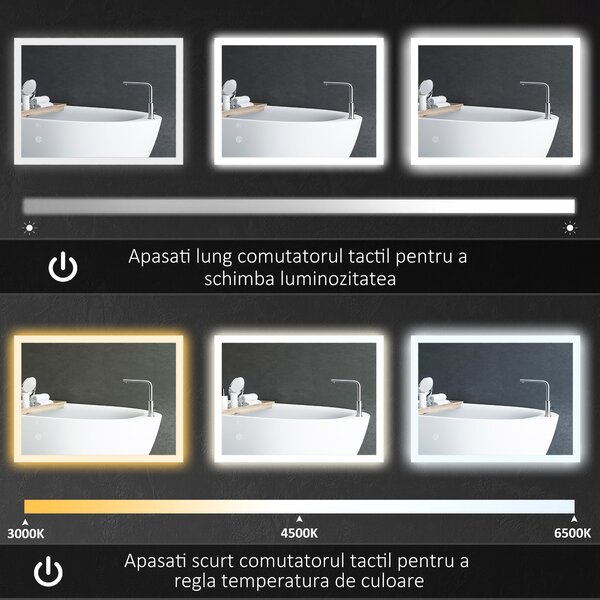 Kleankin Oglindă de Baie cu Lumină LED, Luminozitate Reglabilă și Funcție de Memorie, 70x50x3 cm, Transparent | Aosom Romania