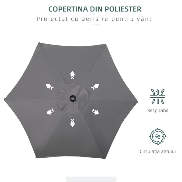 Outsunny Umbrelă de Grădină, Înclinabilă cu Orificiu de Ventilație și 6 Brațe, Ø196x204 cm, Gri | Aosom Romania