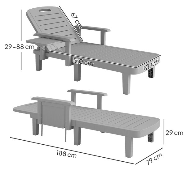 Outsunny Set 2 Șezlonguri cu Spătar Reglabil în 5 Poziții, Măsuță și Brațe Ergonomice, 79x158x88 cm, Gri | Aosom Romania