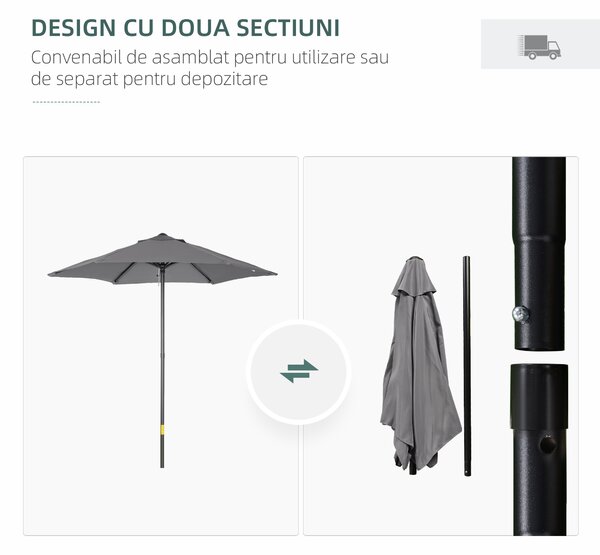 Outsunny Umbrelă de Grădină, Înclinabilă cu Orificiu de Ventilație și 6 Brațe, Ø196x204 cm, Gri | Aosom Romania