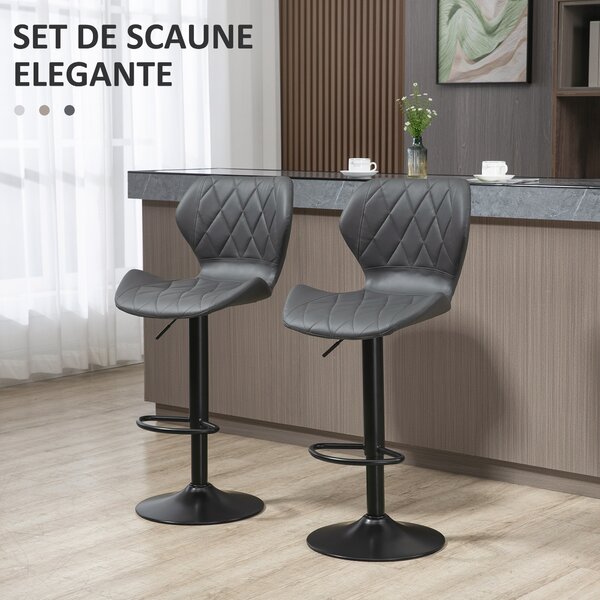 Scaun bar reglabil HOMCOM, piele sintetica, scaun bar cu spatar inaltime reglabila, Capacitate de sustinere120 kg, gri | Aosom Romania