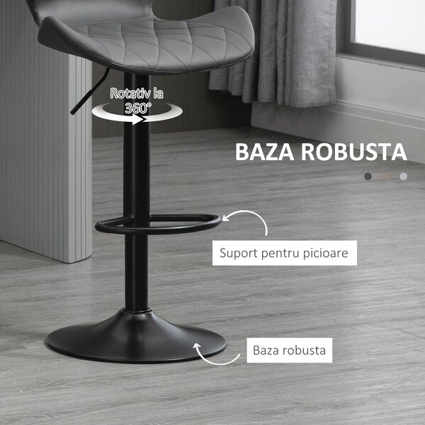 Scaun bar reglabil HOMCOM, piele sintetica, scaun bar cu spatar inaltime reglabila, Capacitate de sustinere120 kg, gri | Aosom Romania