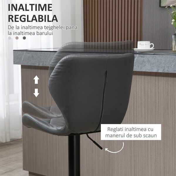 Scaun bar reglabil HOMCOM, piele sintetica, scaun bar cu spatar inaltime reglabila, Capacitate de sustinere120 kg, gri | Aosom Romania