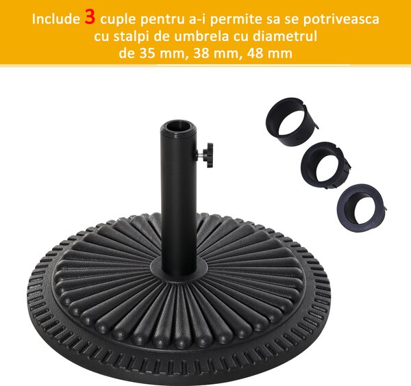 Outsunny Bază pentru Umbrelă de Soare, din Plastic Rezistent, 15kg, Compatibilă cu Stâlpi de Ф35-38-48mm, Negru, Ф49x32cm | Aosom Romania
