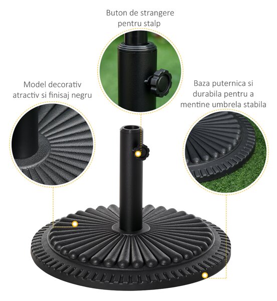 Outsunny Bază pentru Umbrelă de Soare, din Plastic Rezistent, 15kg, Compatibilă cu Stâlpi de Ф35-38-48mm, Negru, Ф49x32cm | Aosom Romania