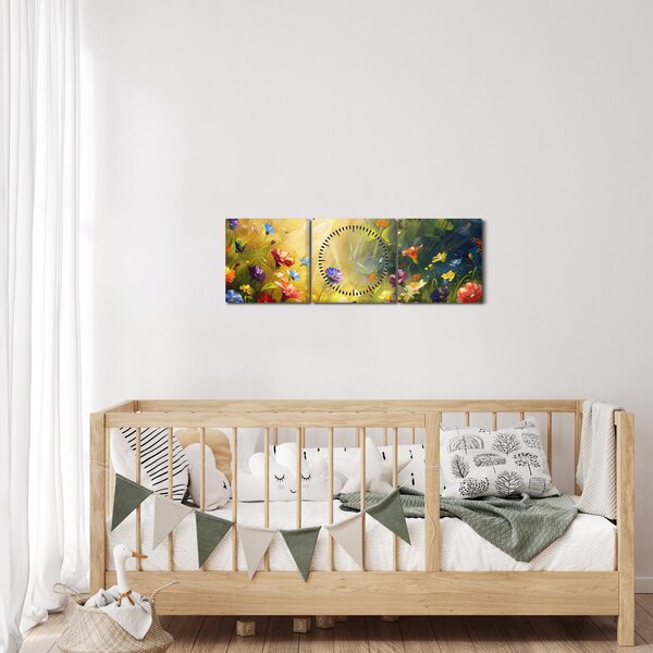 Tablou - Pajiște cu flori de primăvară, pictură (cu ceas) (90x30 cm)
