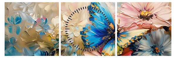Tablou - Pictura de flori și fluturi (cu ceas) (90x30 cm)