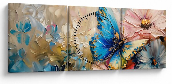 Tablou - Pictura de flori și fluturi (cu ceas) (90x30 cm)