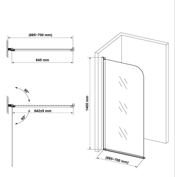 Hagser Anke paravan cadă 70 cm o piesă negru mat/sticlă transparentă HGR50000023