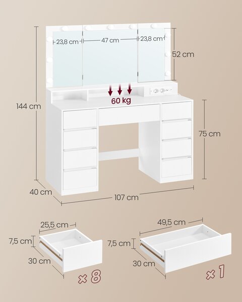 Masa de toaleta cu LED, Kailyn, Vasagle, Alb, 107x40x144 cm