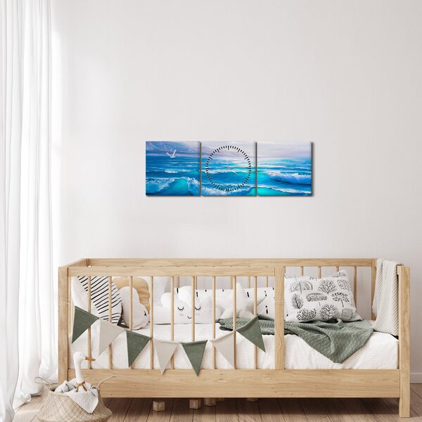 Tablou - Pictură în ulei de mare cu pescăruși (cu ceas) (90x30 cm)
