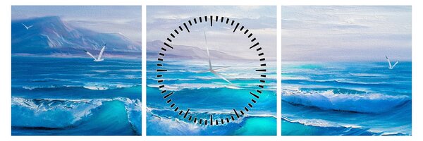 Tablou - Pictură în ulei de mare cu pescăruși (cu ceas) (90x30 cm)