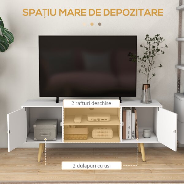 HOMCOM Cabinet TV 55" cu 2 Dulapuri, Uși și 2 Rafturi Deschise, Consolă TV din Lemn și PAL, 120x34x50 cm, Alb | Aosom Romania