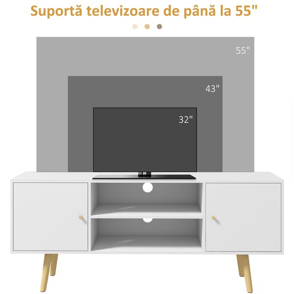HOMCOM Cabinet TV 55" cu 2 Dulapuri, Uși și 2 Rafturi Deschise, Consolă TV din Lemn și PAL, 120x34x50 cm, Alb | Aosom Romania