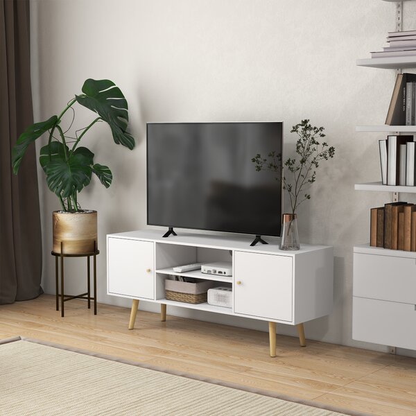 HOMCOM Cabinet TV 55" cu 2 Dulapuri, Uși și 2 Rafturi Deschise, Consolă TV din Lemn și PAL, 120x34x50 cm, Alb | Aosom Romania