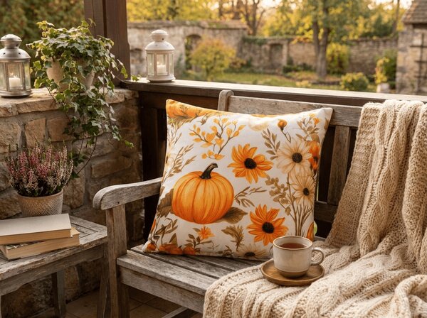 Husa pentru perna din microfibra FLOWERS AND PUMPKINS 45x45 cm, portocaliu