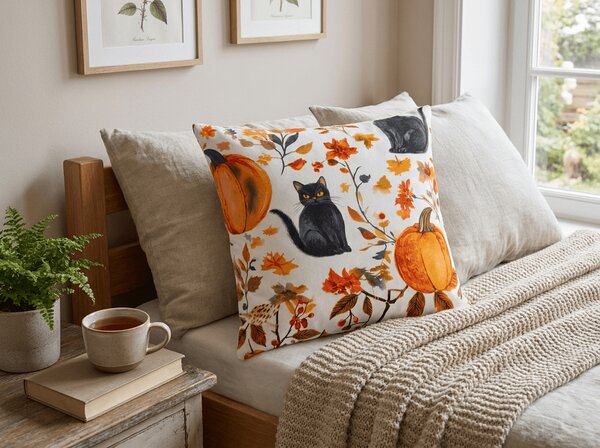 Husa pentru perna din microfibra CATS AND PUMPKINS 45x45 cm, colorat