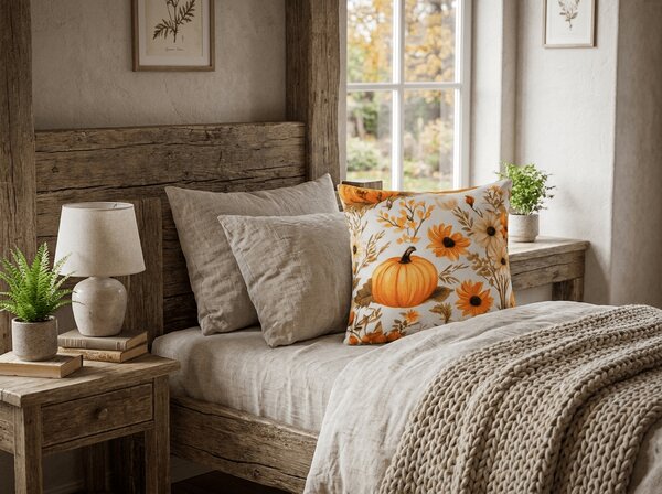 Husa pentru perna din microfibra FLOWERS AND PUMPKINS 45x45 cm, portocaliu