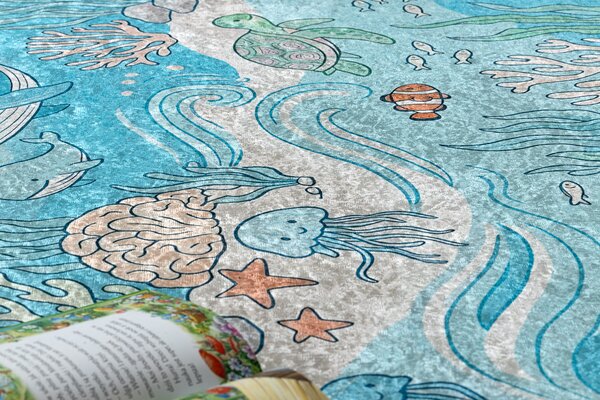 BAMBINO 61540 covor lavabil Ocean, pește pentru copii anti-alunecare - albastru / bej