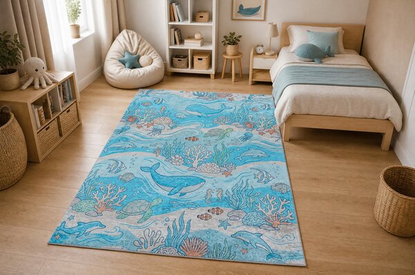 BAMBINO 61540 covor lavabil Ocean, pește pentru copii anti-alunecare - albastru / bej